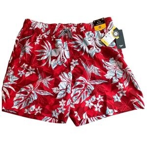Speedo Mens Swim Trunks XL Red Tropical Hibiscus Mesh Lined Board Shorts NWT